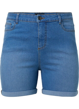 Short en jean à taille haute et coupe ajustée, Medium Blue Denim, Packshot image number 0
