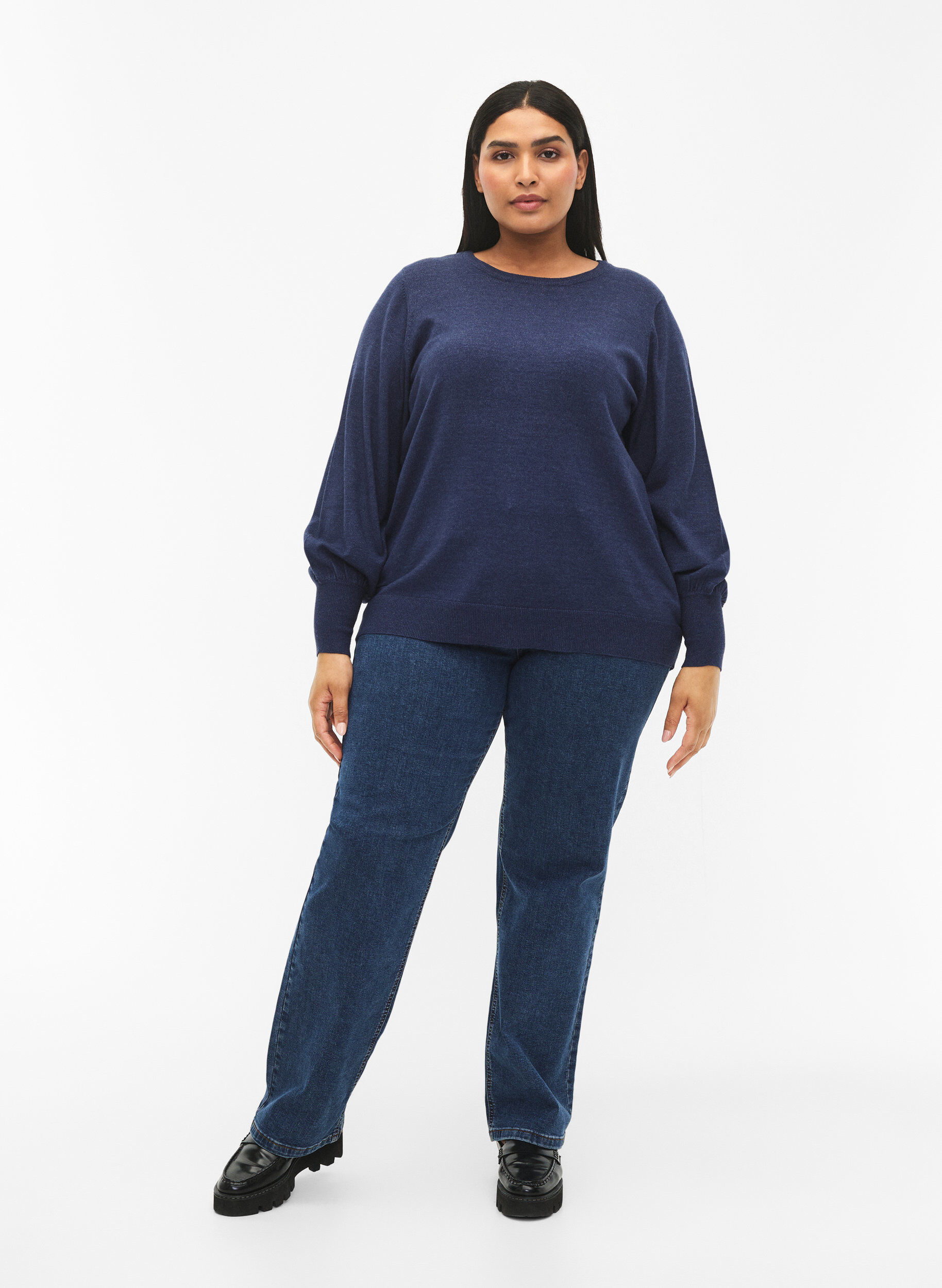 ZizziGebreide blouse van viscose met ballonmouwen, Dress Blues Mel., Model image number 2