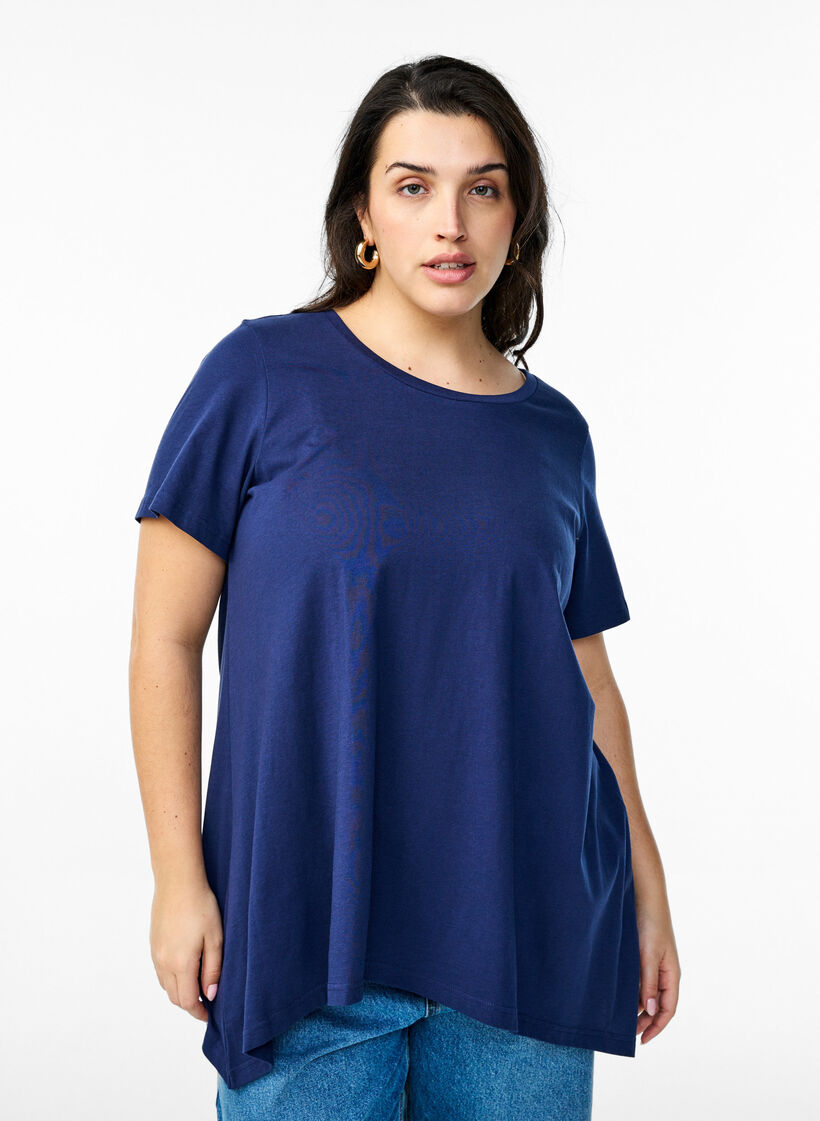 T-shirt &agrave; col rond et coupe &eacute;vas&eacute;e, Bleu, Model image number 0
