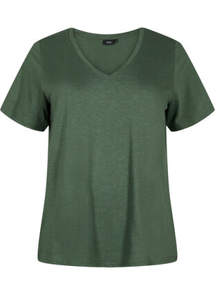 Basic t-shirt met korte mouwen en v-hals, Thyme, Packshot image number 0