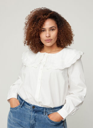 Katoenen blouse met grote kraag, Bright White, Model image number 0
