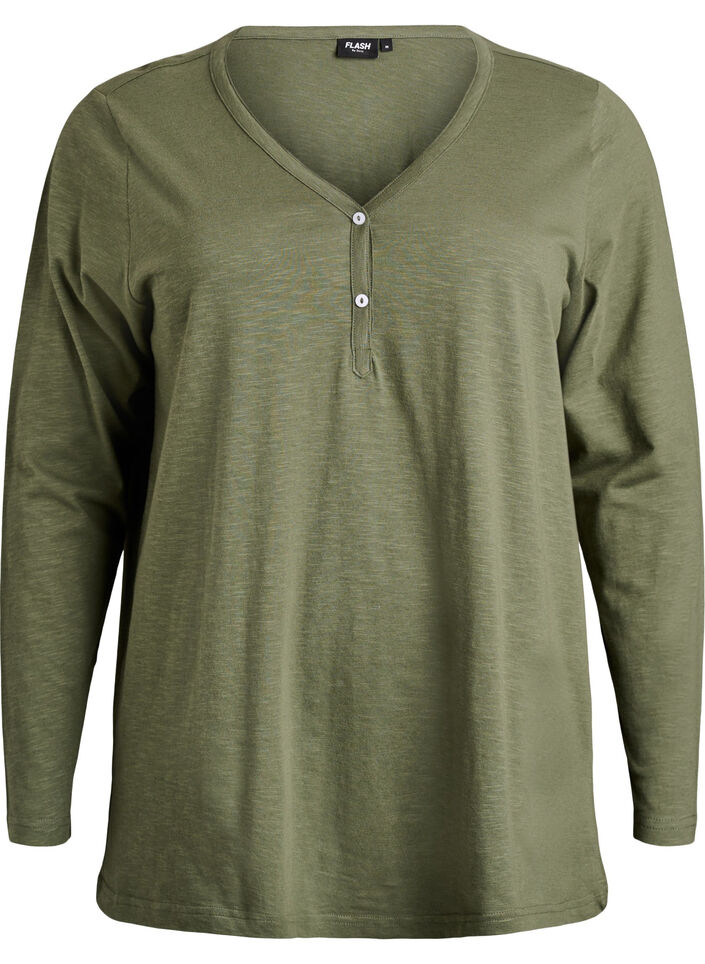 T-shirt met lange mouwen, V-hals en knopen, Groen, Packshot image number 0