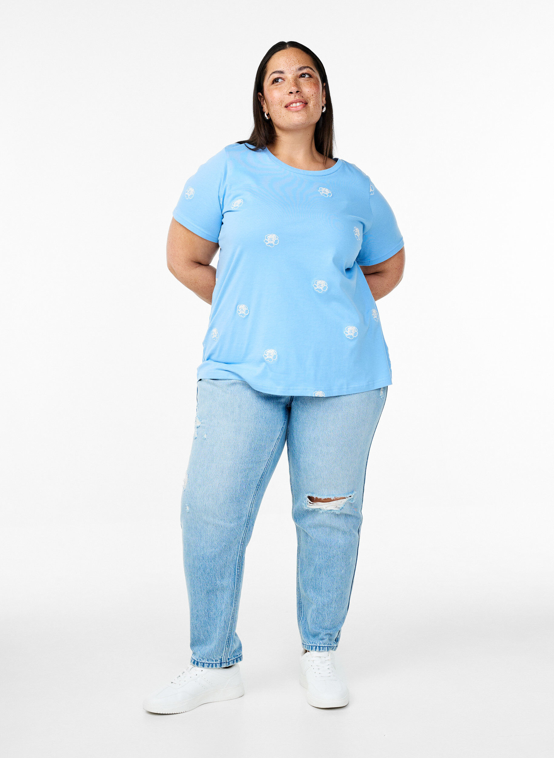 ZizziT-shirt in biologisch katoen met geborduurde motieven, Blauw, Model image number 1