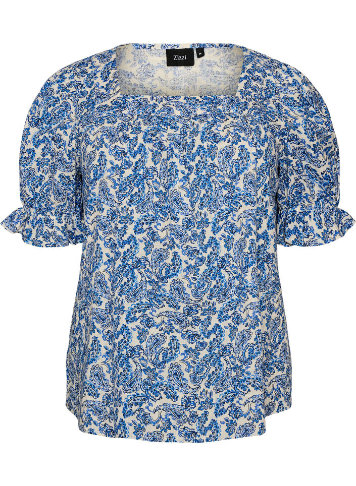 Blouse en coton avec encolure carr&eacute;e, Bleu, Packshot image number 0