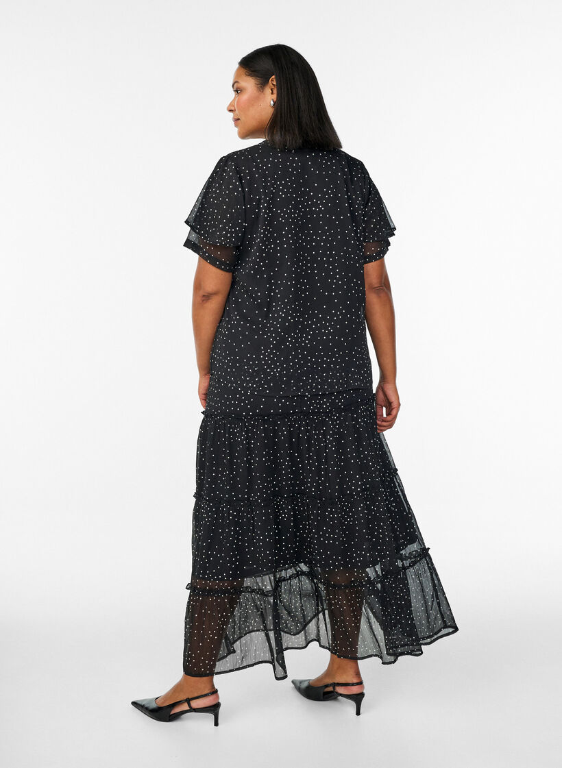 Jupe longue &eacute;vas&eacute;e en mousseline &agrave; pois, Noir, Model image number 1