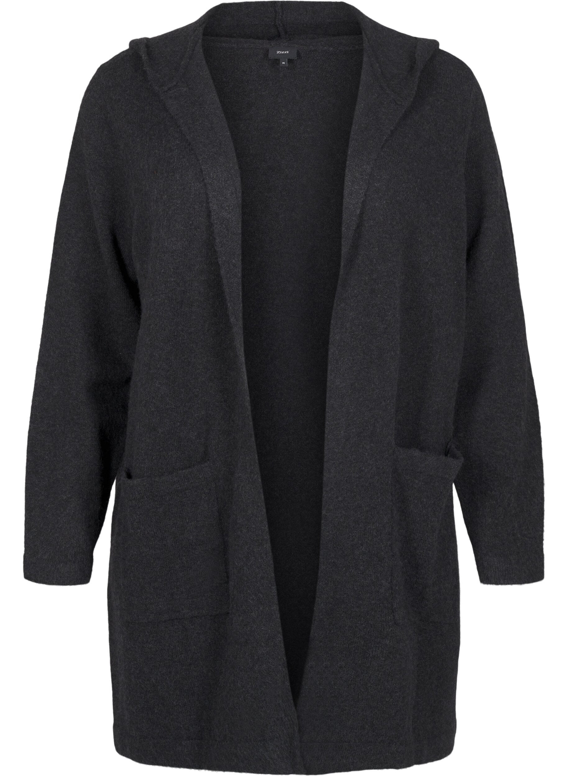 ZizziLang gebreid vest met wol en capuchon, Dark Grey Melange, Packshot image number 0