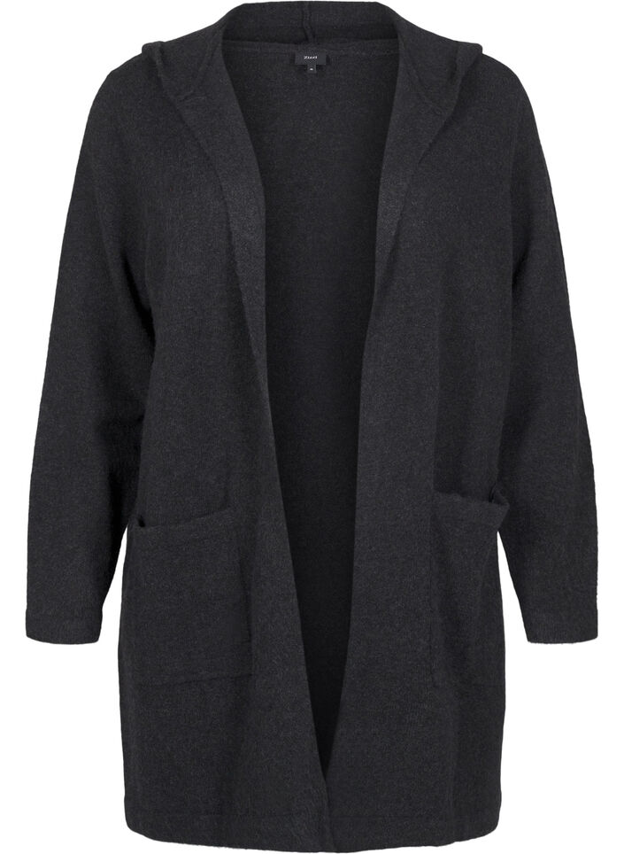 Cardigan long tricoté contenant de la laine et capuche, Dark Grey Melange, Packshot image number 0