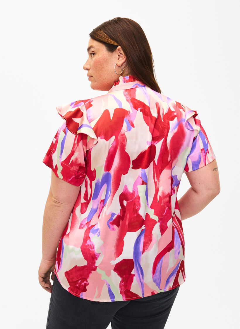Satijnen shirtblouse met print en ruches, Geranium Graphic AOP, Model image number 1