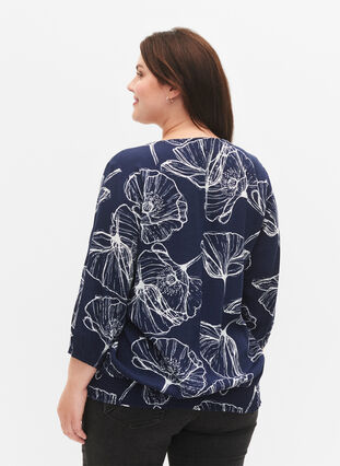 Viscose blouse met bloemenprint en smokwerk, Navy B./Big Fl. AOP, Model image number 1