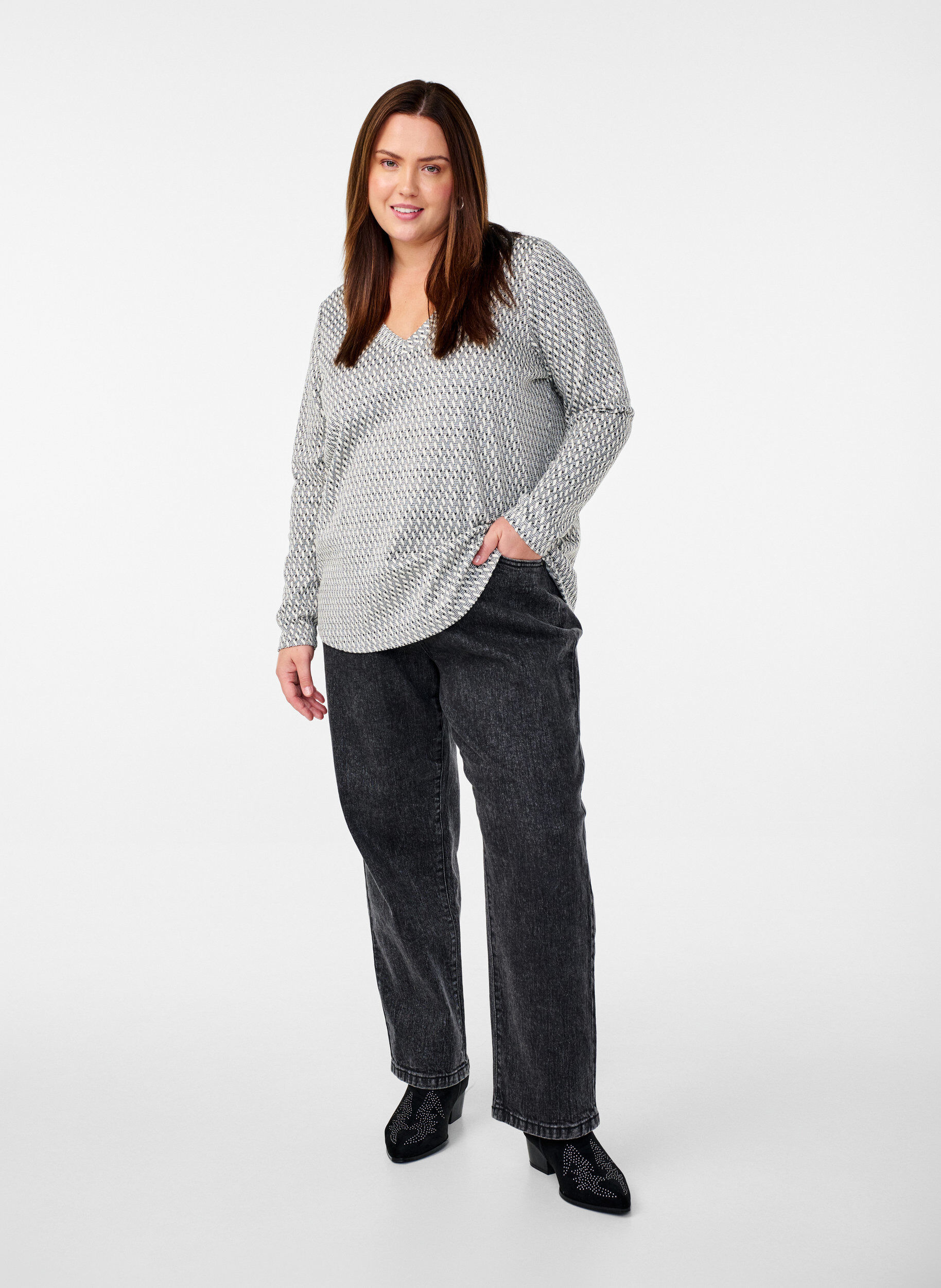 ZizziBlouse met patroontextuur en glitterdraad, Grijs, Model image number 1