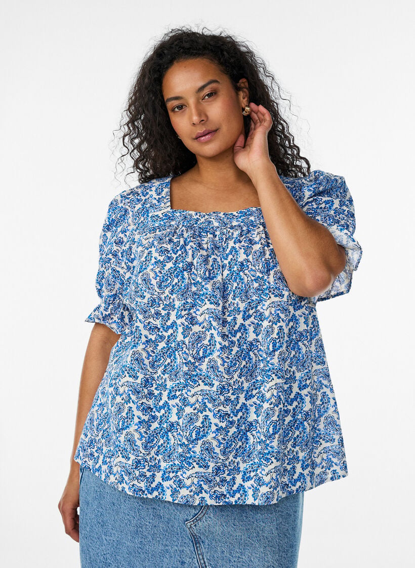 Blouse en coton avec encolure carr&eacute;e, Bleu, Model image number 0