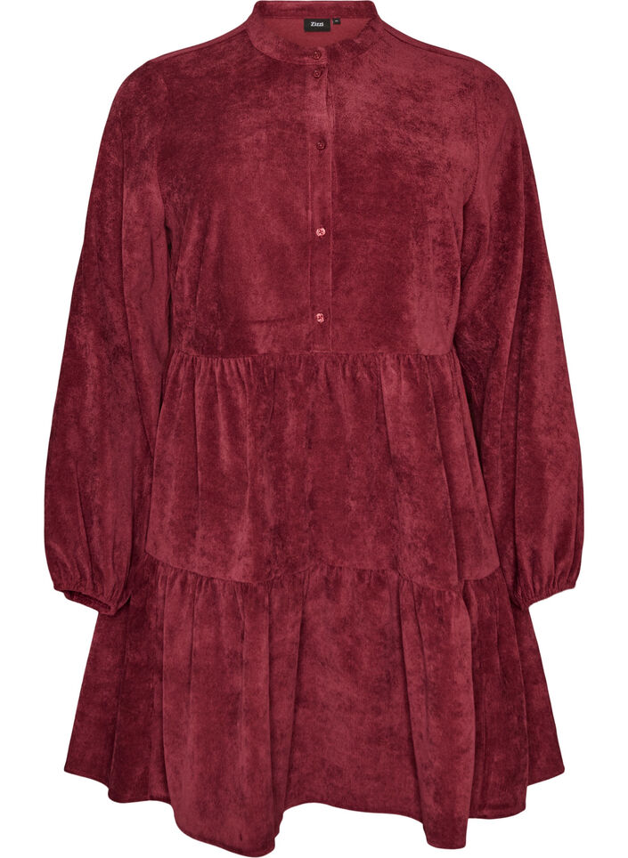 Corduroy jurk met A-lijn en opstaande kraag, Rood, Packshot image number 0