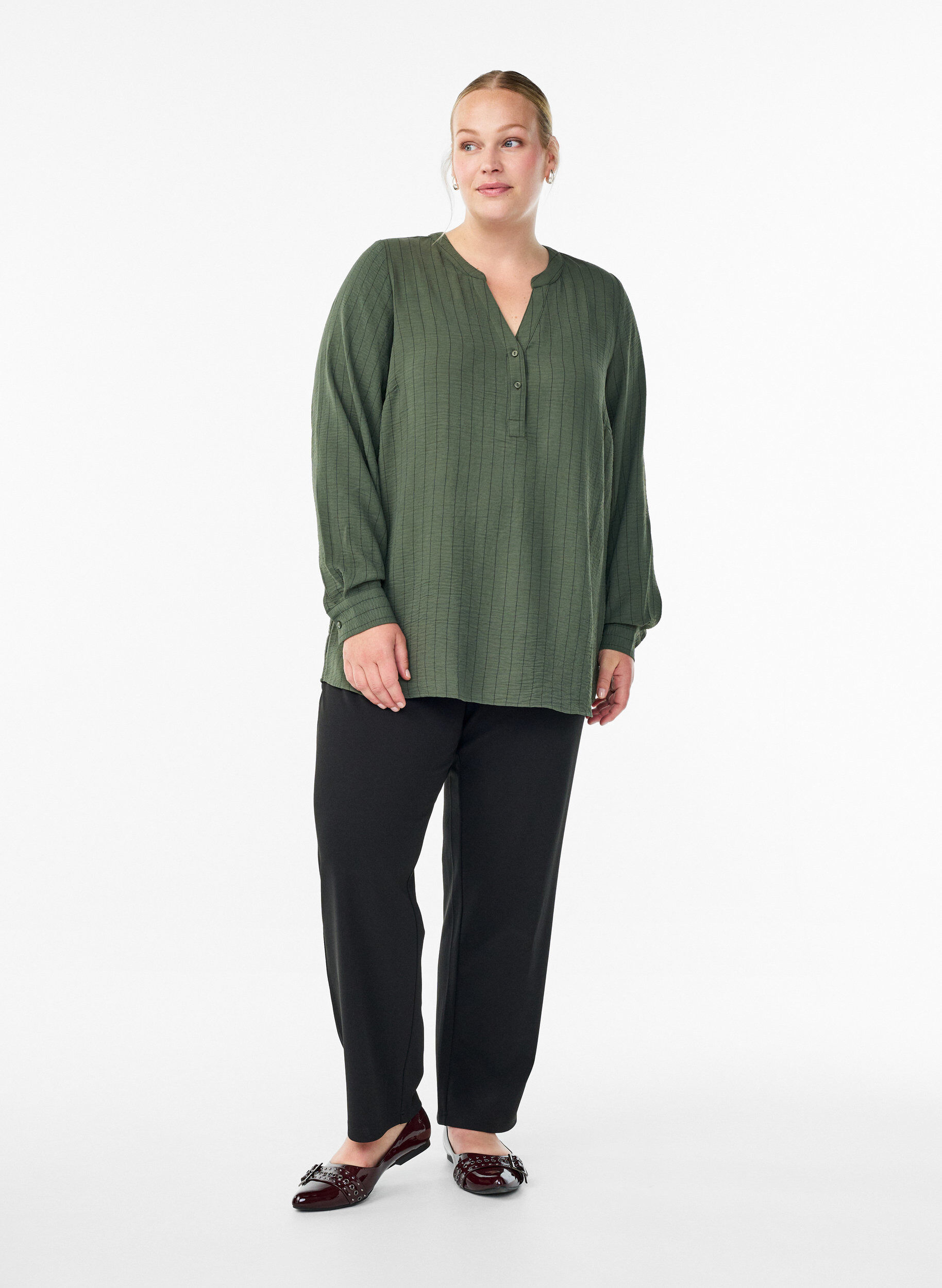 ZizziFLASH - Streepjes overhemdblouse, Groen, Model image number 1