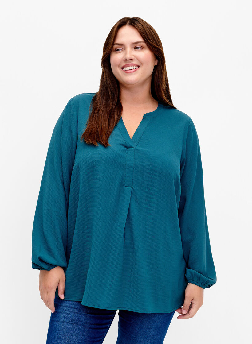Haut de couleur unie avec col en V, Deep Teal, Model image number 0