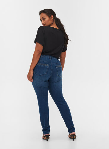 Nille jeans met hoge taille en klinknagels, Medium Blue denim, Model image number 1