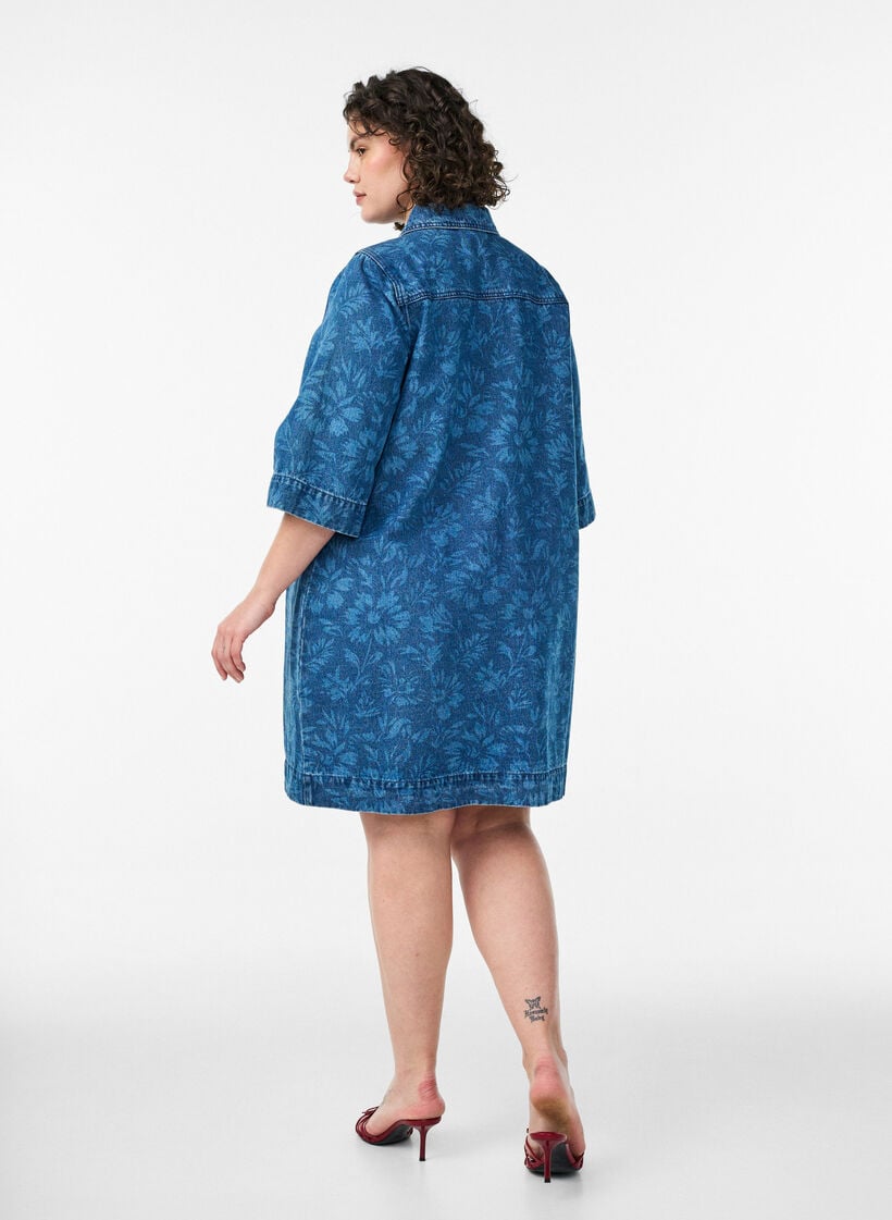Denimjurk met bloemenprint en borstzakken, Blauw, Model image number 2