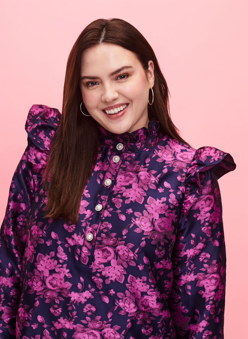 Jurk met ruchedetail en parelknopen, Dark Blue Pink, Model image number 2