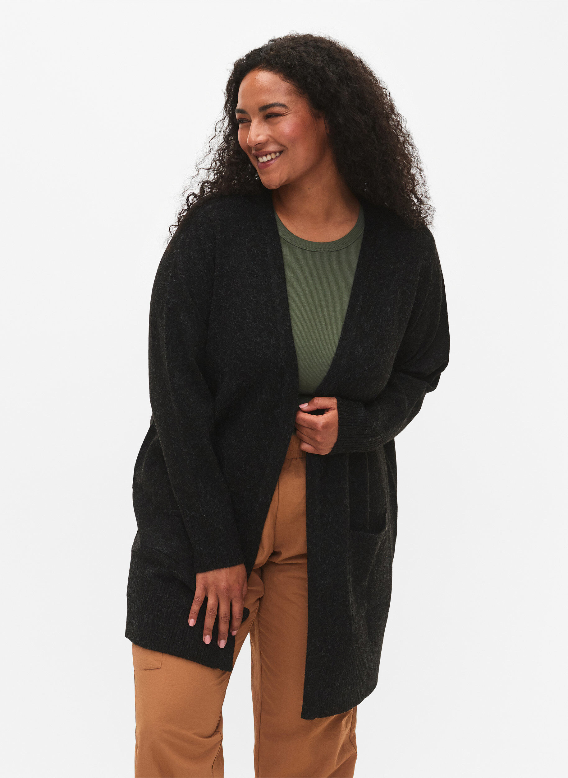 Zizzi Cardigan tricot&eacute; mouchet&eacute; avec poches, Gris anthracite, Model image number 0