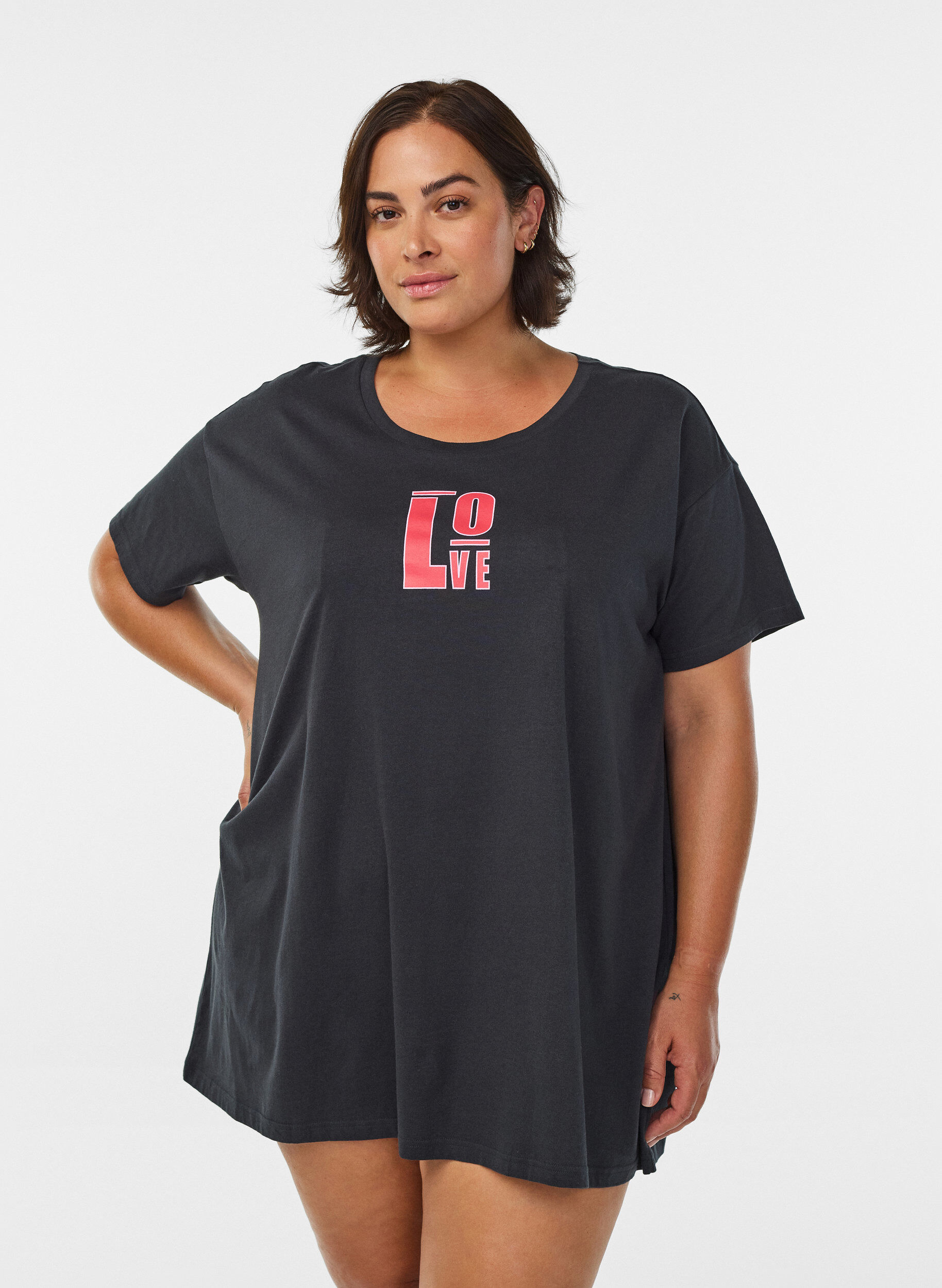 ZizziLang nachthemd-T-shirt in biologisch katoen met print, Grijs, Model image number 0