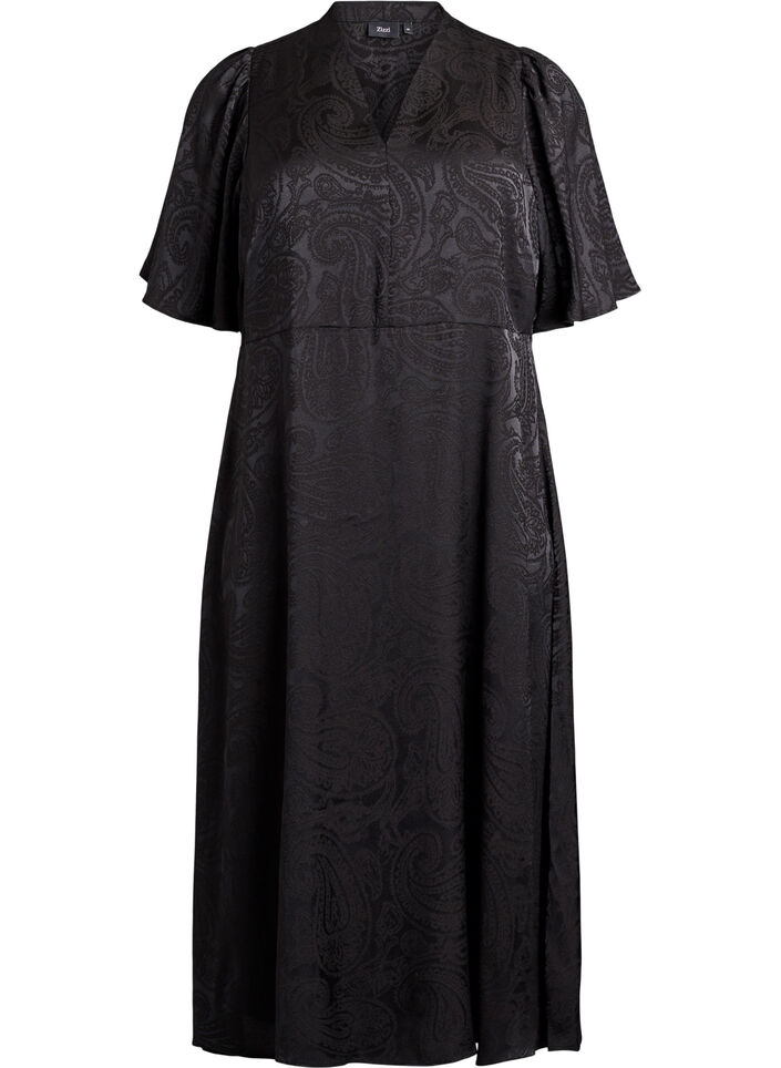 Robe midi en jacquard &agrave; motif cachemire et manches papillon, Noir, Packshot image number 0