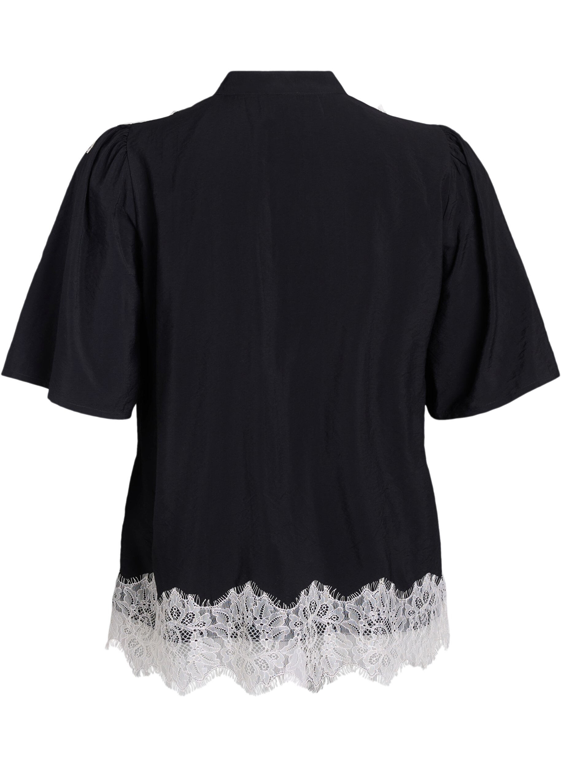ZizziBlouse met korte mouwen en kanten details, Zwart, Packshot image number 1