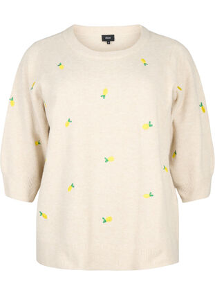 Chemisier en tricot à manches 3/4 avec des citrons, P. Stone Mel. Lemon, Packshot image number 0