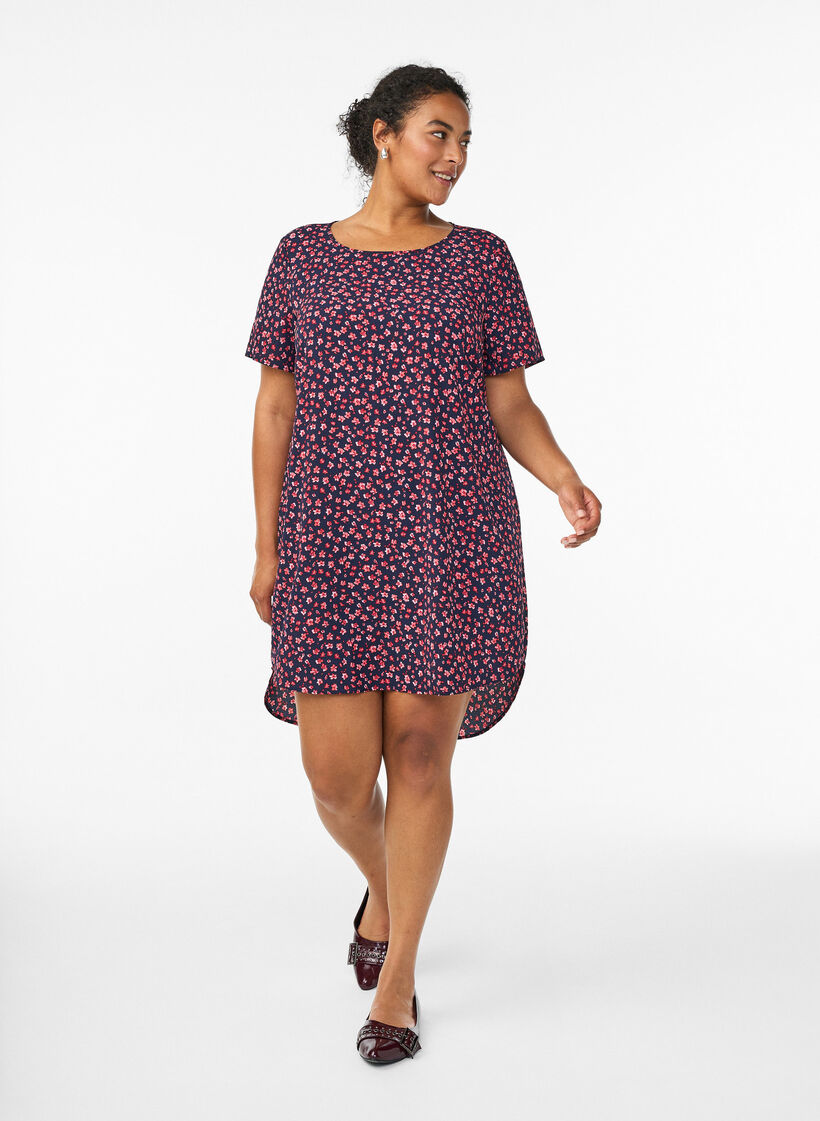 Jurk met print en korte mouwen, Blauw, Model image number 1