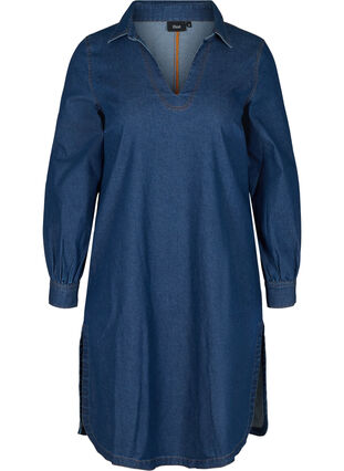 Denim jurk met split en v-hals, Blue denim, Packshot image number 0
