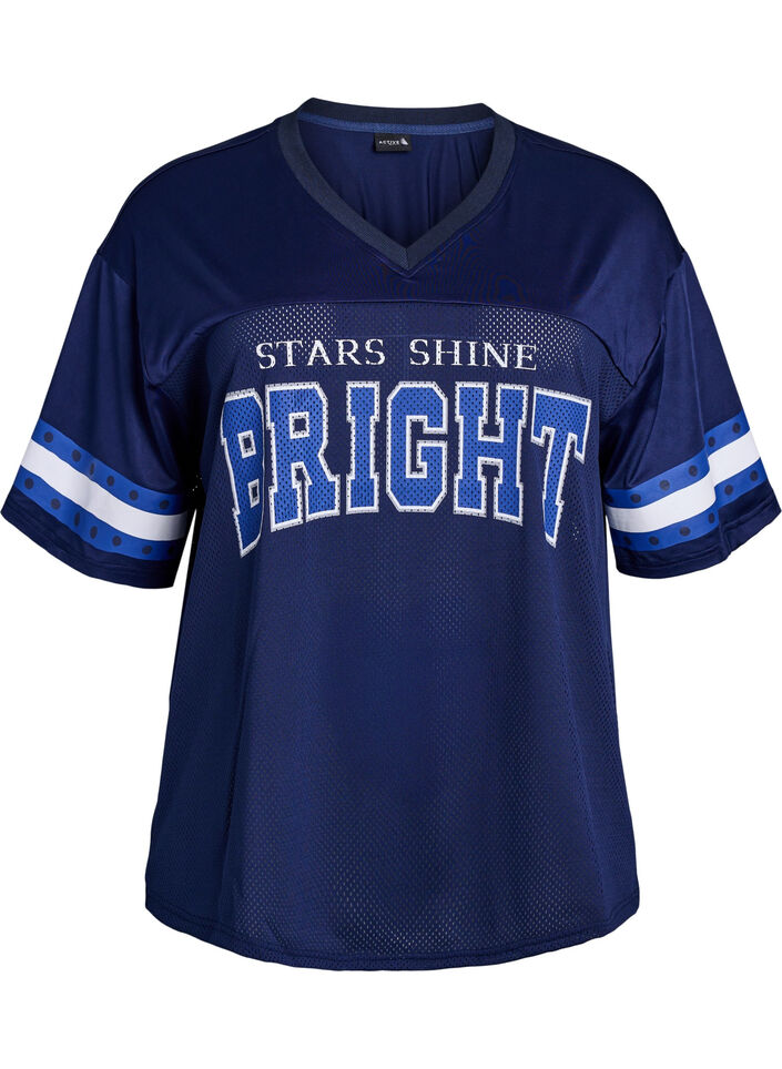 Workout T-shirt met V-hals en frontprint, Blauw, Packshot image number 0