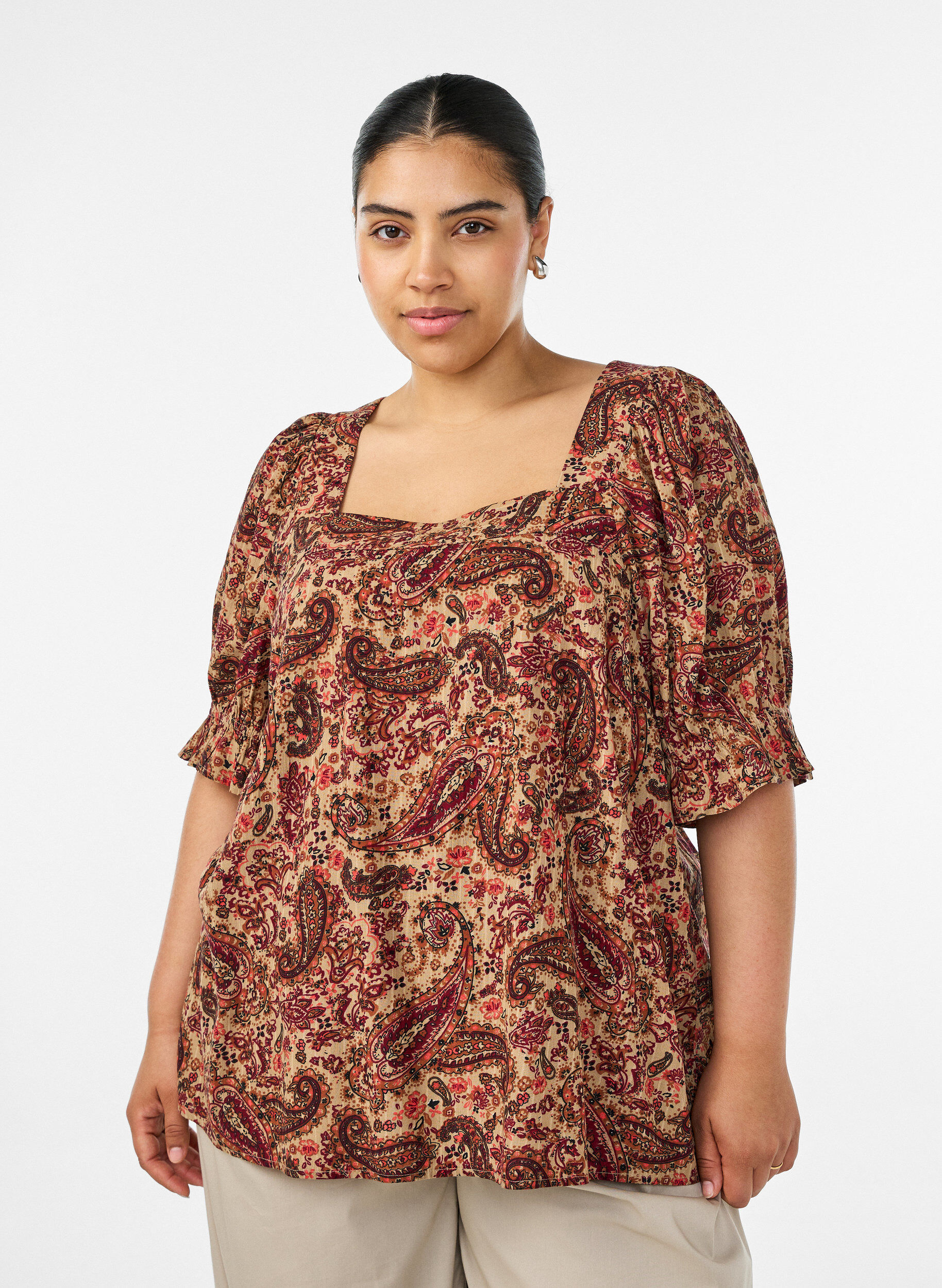 ZizziViscose blouse met paisleymotief en een vierkante halslijn, Bruin, Model image number 0