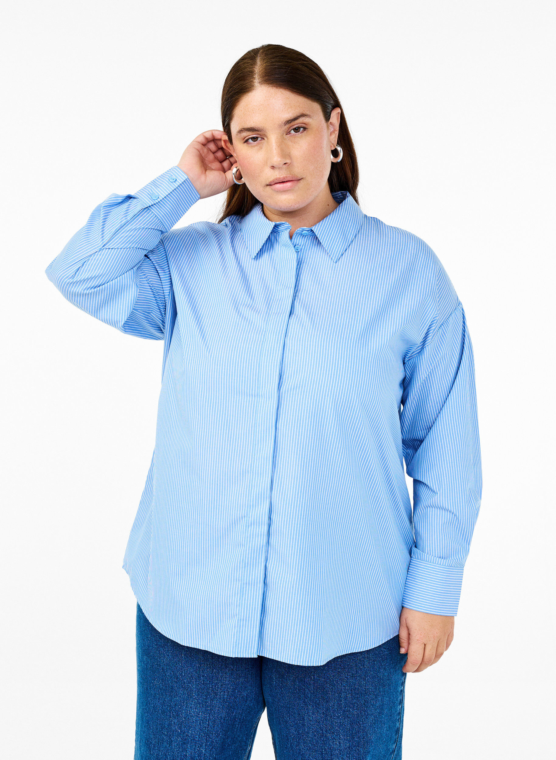 ZizziLosse shirt met lange mouwen en strepen, Blauw, Model image number 0