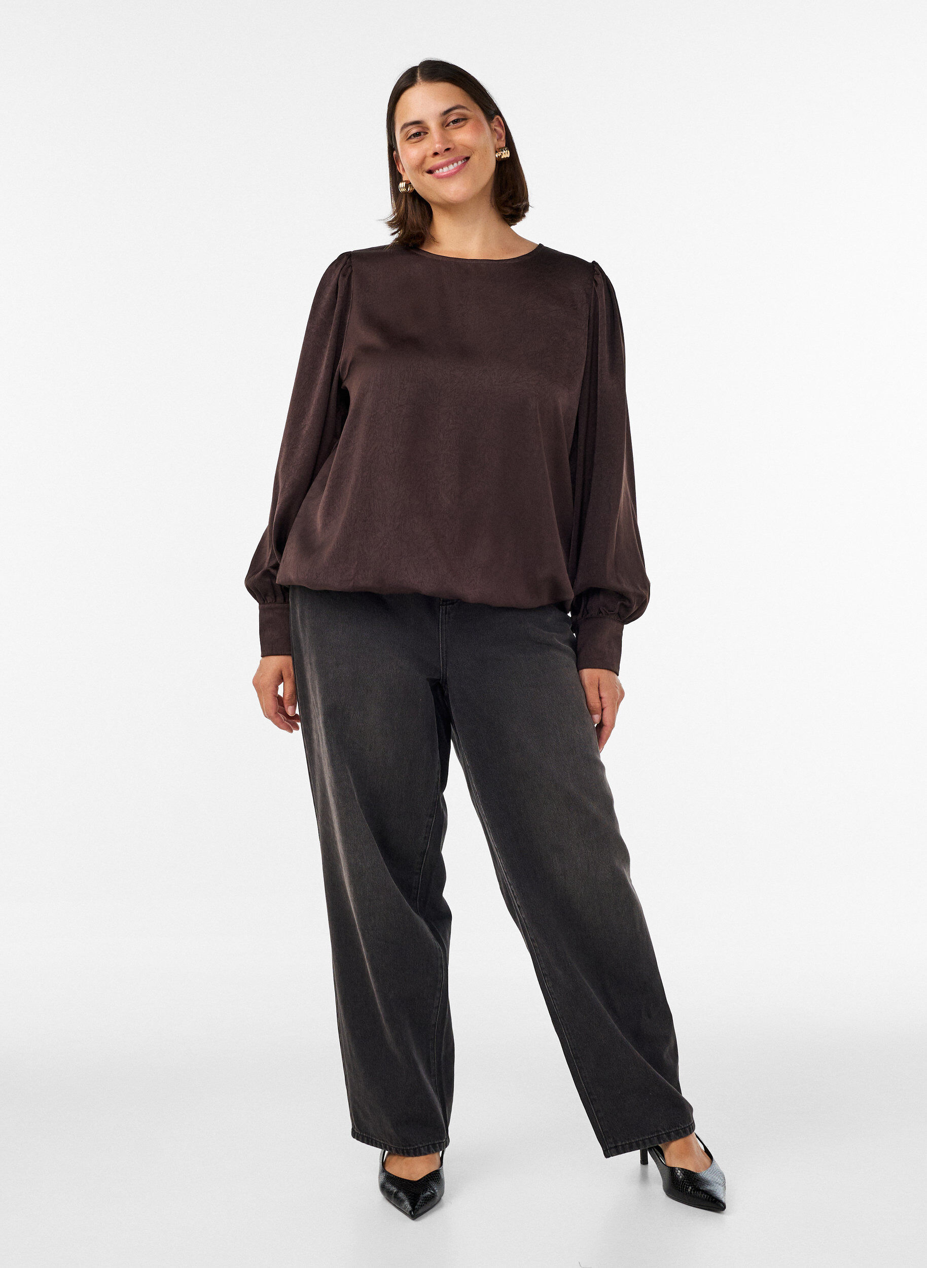 ZizziBlouse met satijnen look en ballonvorm, Bruin, Model image number 1