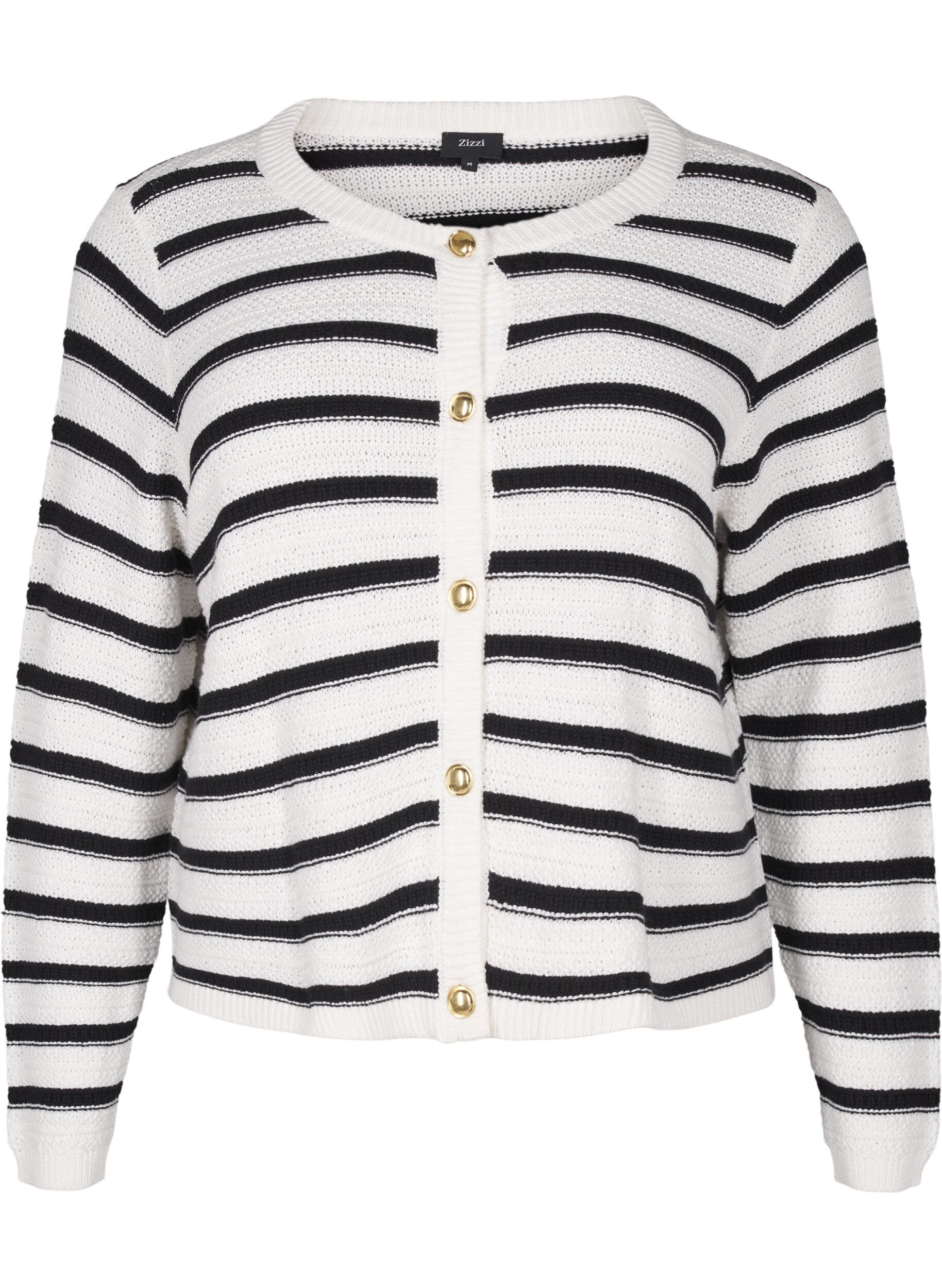 ZizziGestreepte cardigan met gouden knopen in breisel, Cloud D. w. Black, Packshot image number 0