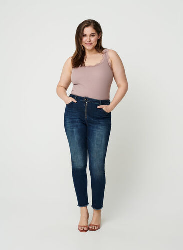 Cropped Nille jeans met gerafelde randen, Blue denim, Model image number 0