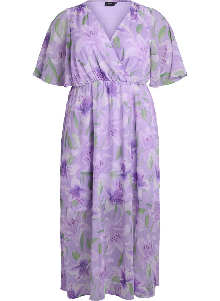 Robe longue en chiffon imprim&eacute; floral et manches courtes, Mauve, Packshot image number 0