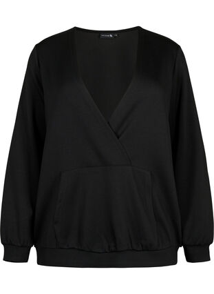 Sweatshirt avec col en V et poche, Black, Packshot image number 0