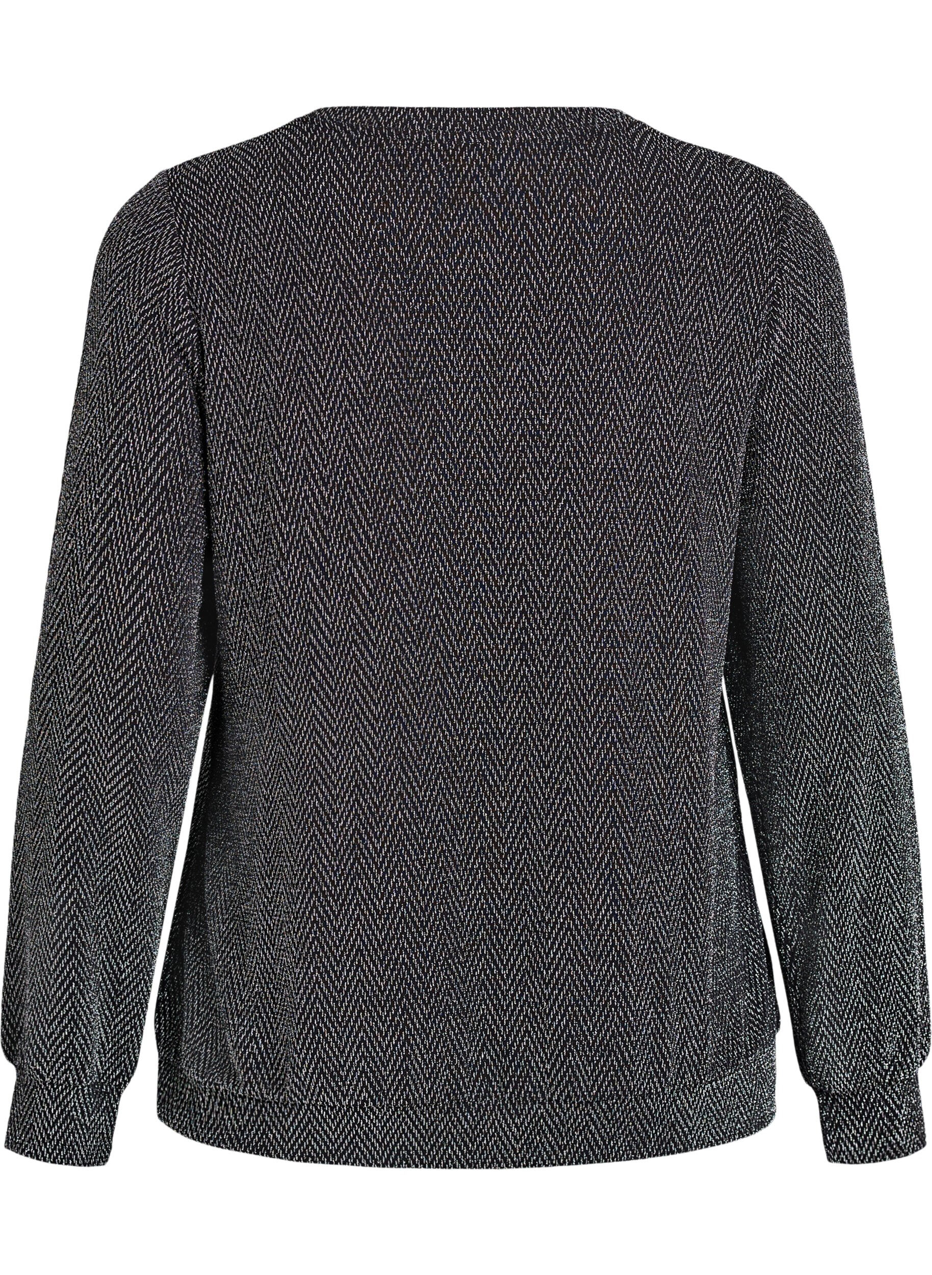 ZizziBlouse met visgraatpatroon en glinsterend garen, Zwart, Packshot image number 1