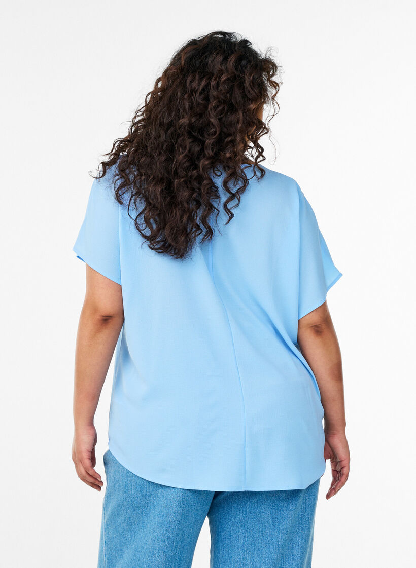 Blouse &agrave; manches courtes et encolure ronde, Bleu, Model image number 2