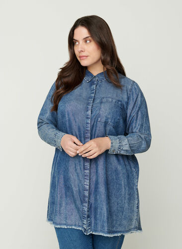 Longue chemise en lyocell, Dark blue denim, Model image number 0