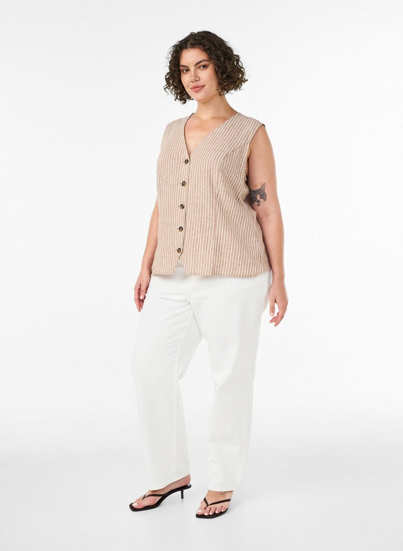 Gilet ray&eacute; en lin et viscose, Beige, Model image number 1