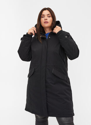 Veste d'hiver imperméable avec capuche et poches, Black, Model image number 0