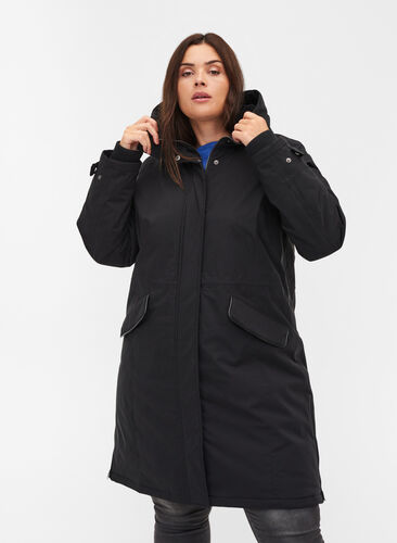 Veste d'hiver imperméable avec capuche et poches, Black, Model image number 0