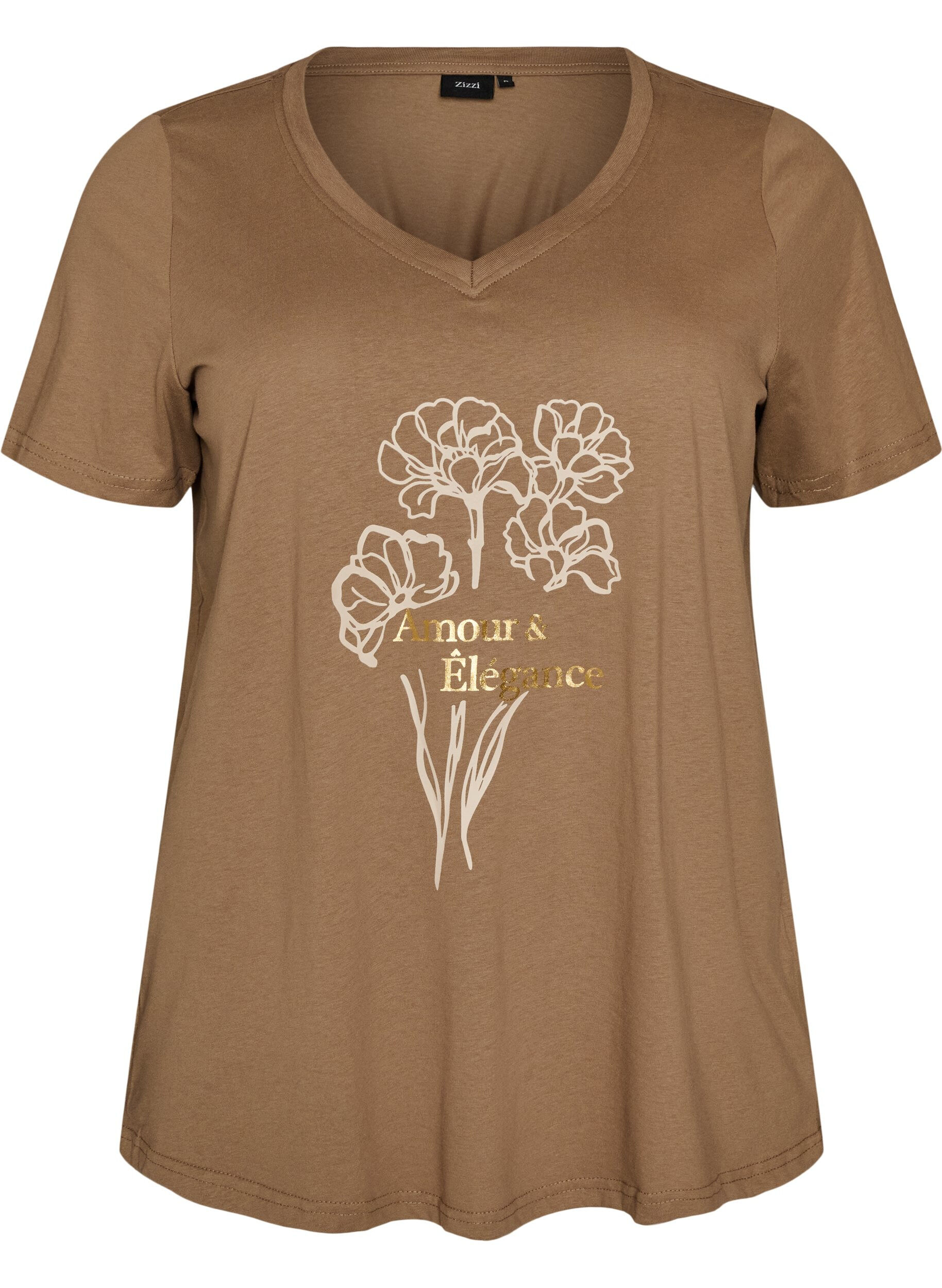 ZizziT-shirt en coton avec imprim&eacute; sur le devant et col en V, Marron, Packshot image number 0
