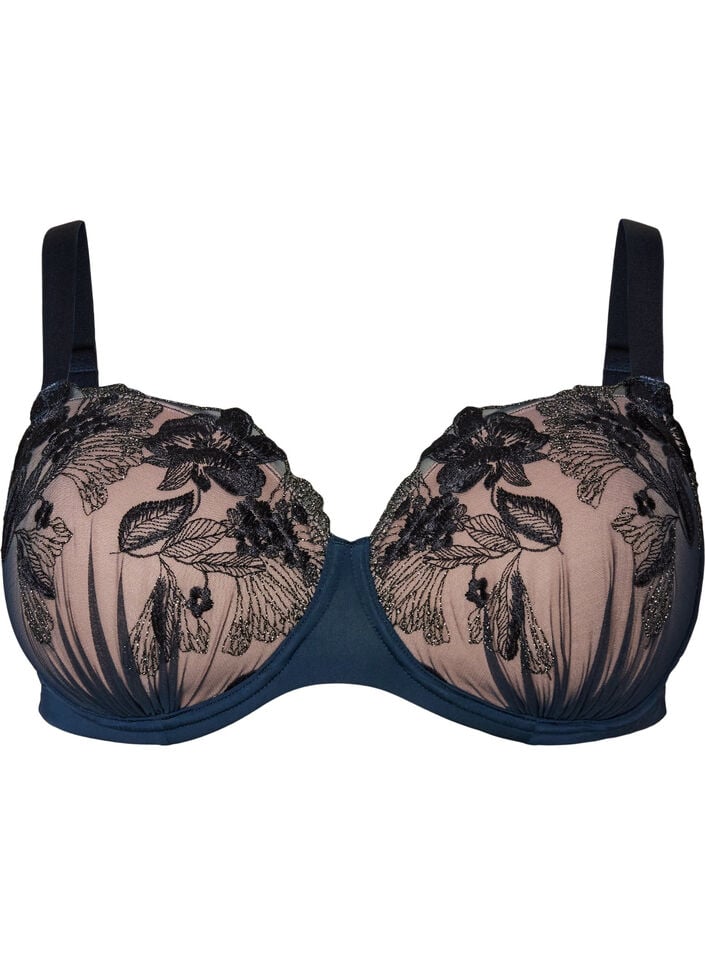 Voorgevormde bh met bloemenborduursel en gedrapeerde details, Blauw, Packshot image number 0