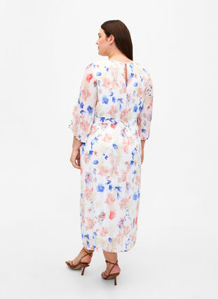 Robe plissée florale avec cordon de serrage, White/Blue Floral, Model image number 1