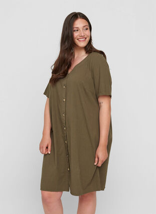 Robe en coton à manches courtes avec boutons, Ivy Green, Model image number 0