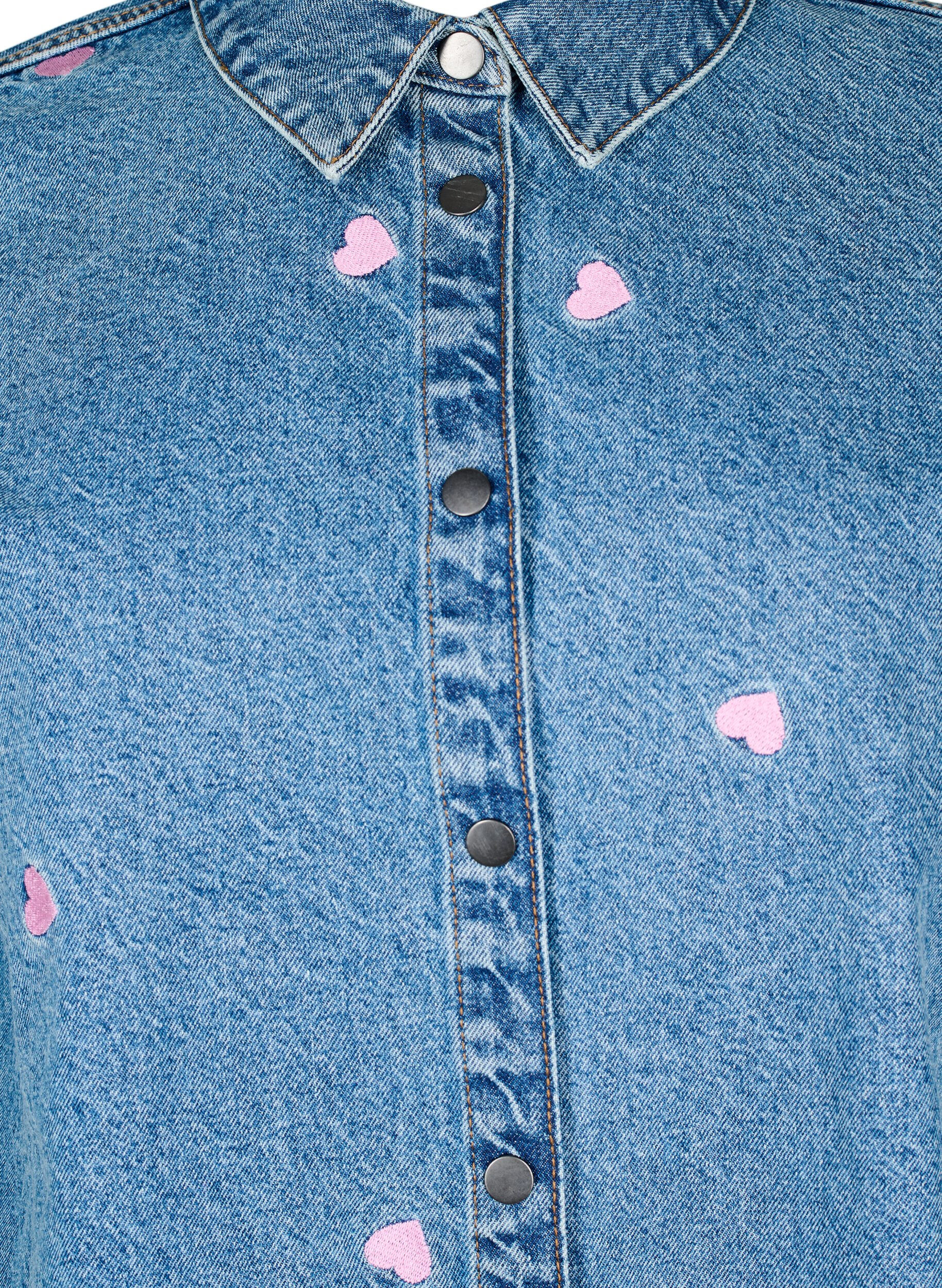 ZizziLosse denimshirt met geborduurde hartjes, Light Blue Heart, Packshot image number 2