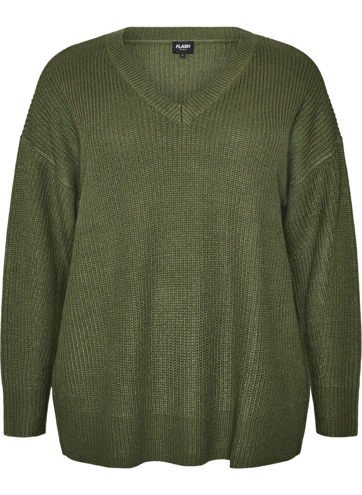 Blouse longue en maille c&ocirc;tel&eacute;e avec col en V, Vert, Packshot image number 0