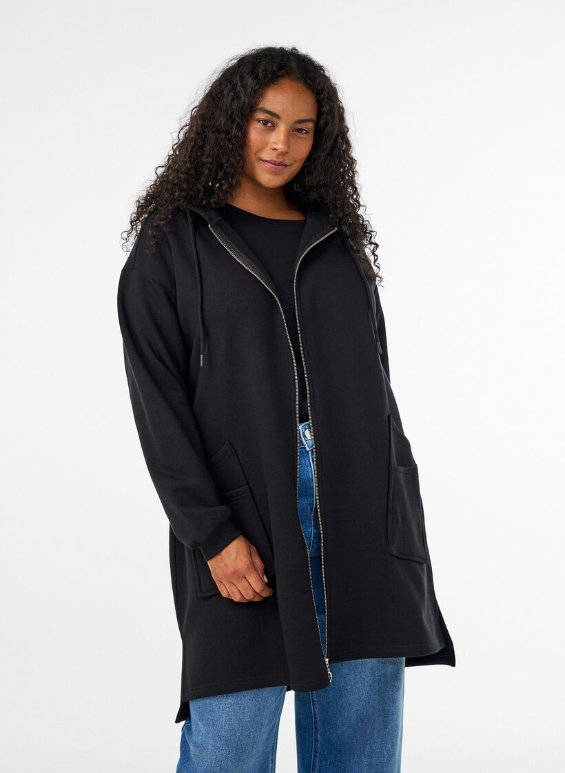 Lang vest met capuchon en ritssluiting, Zwart, Model image number 0