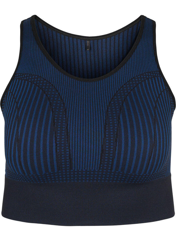 Naadloze sportbeha met strepen, Black w. Blue Depths, Packshot image number 0